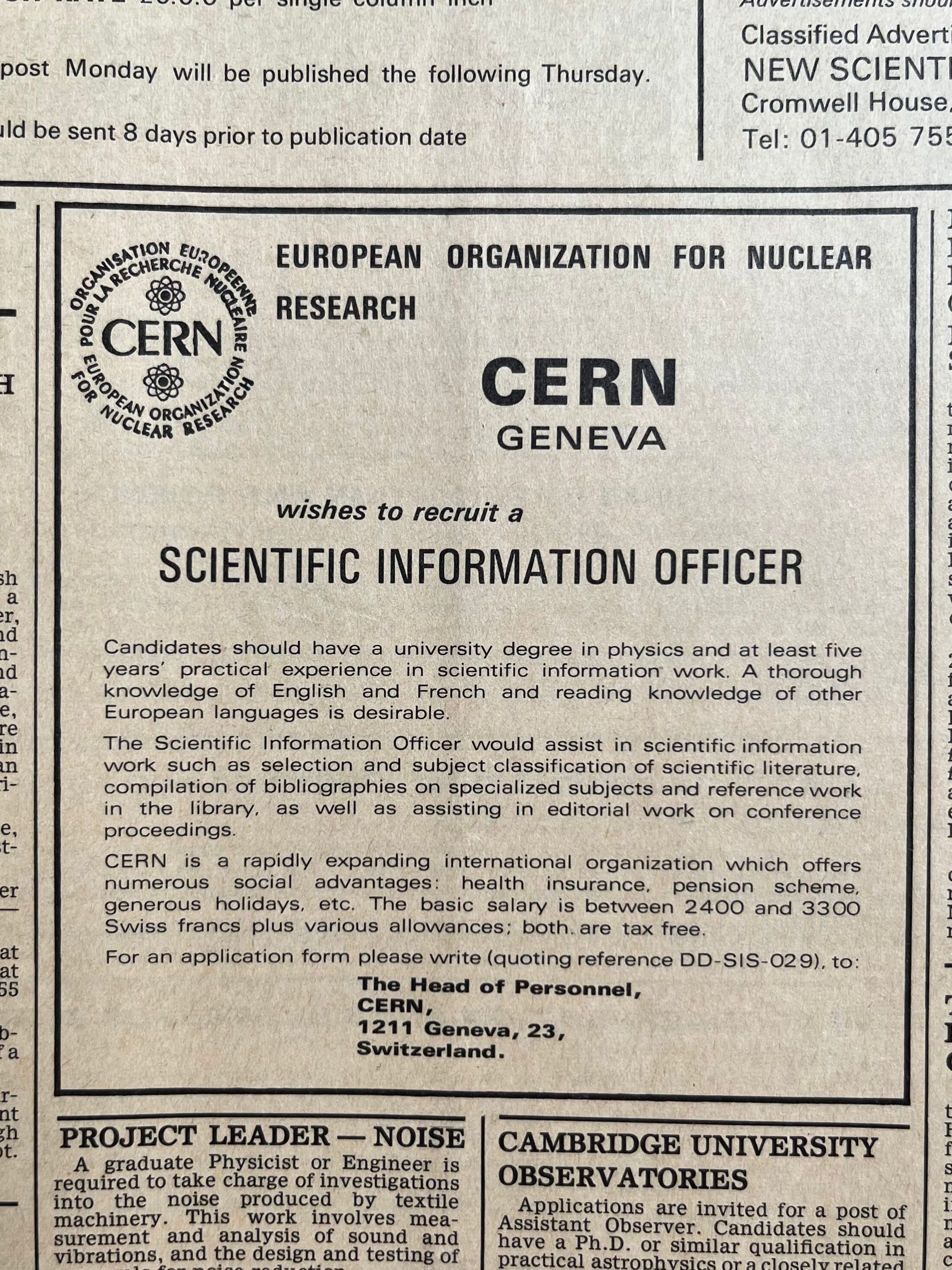 Classified advertisement for the position of a Scientific Information Officer at CERN.